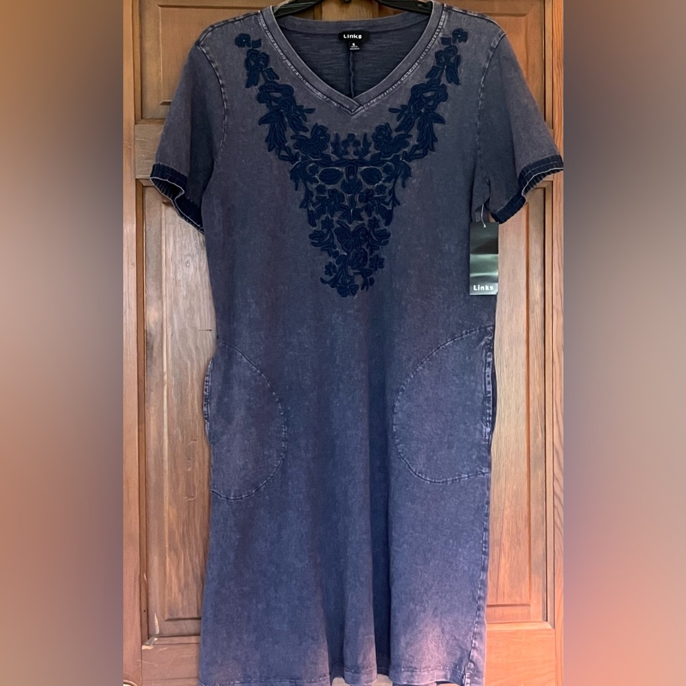 New Grey and Navy Embroidered Dress with pockets. Size Small and XL By Links